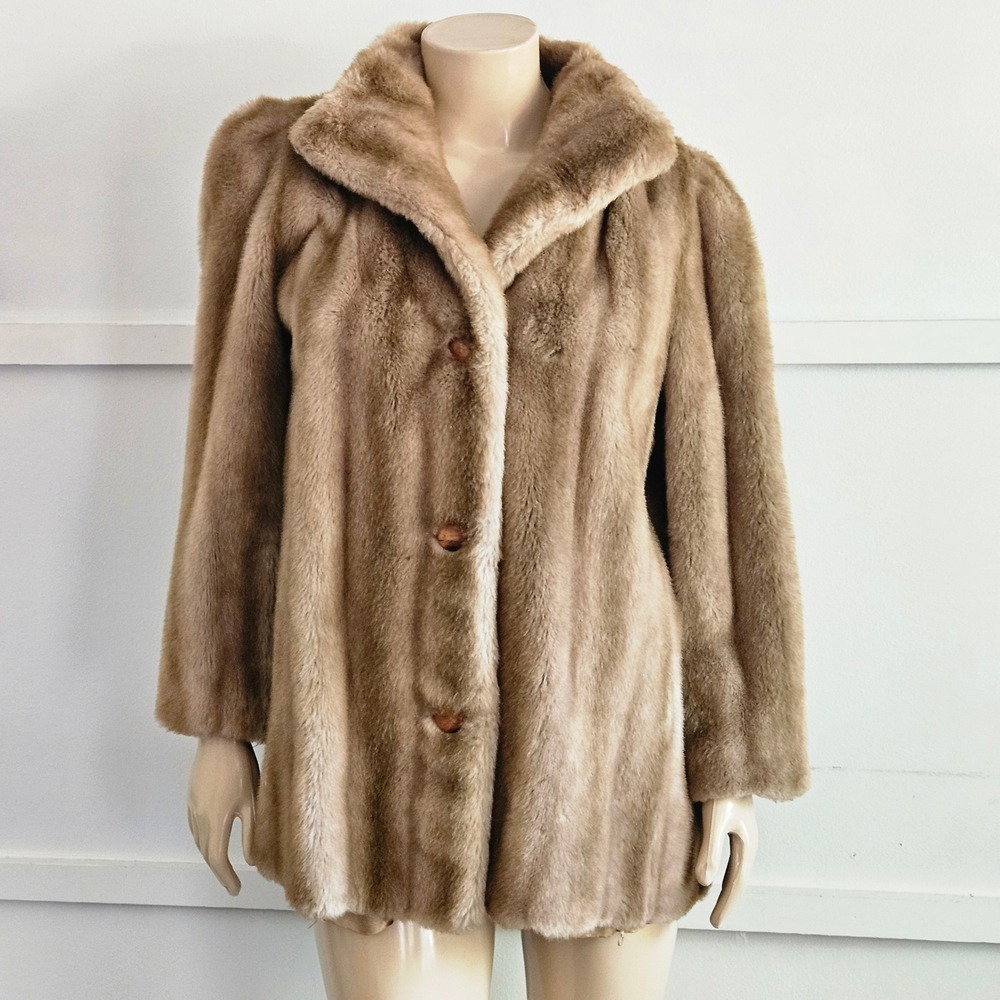 Vintage Made in England Faux Fur Swing Coat Beige Button Front Mid-Length Size L